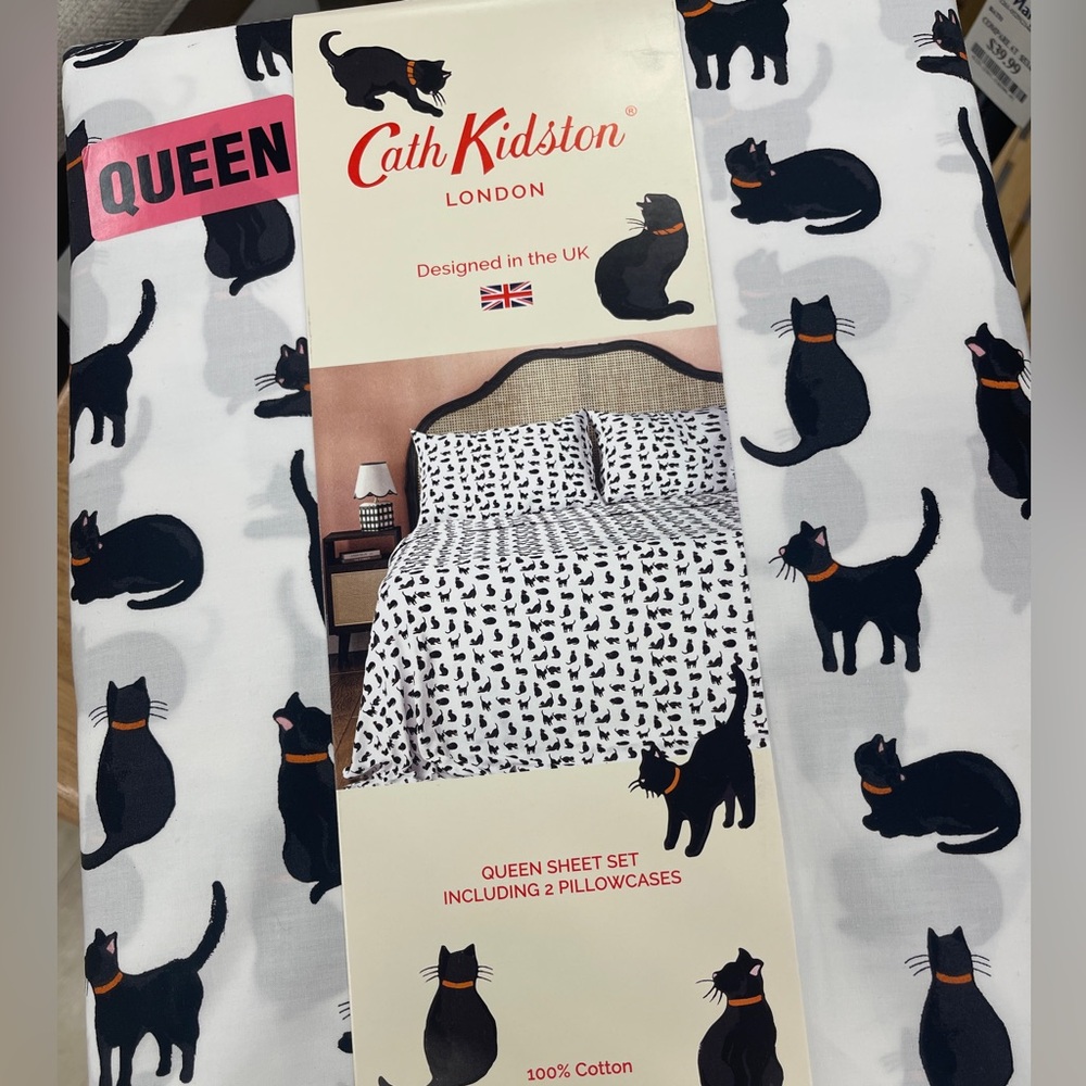 Cath Kidston Black Cats Halloween Queen Sheet Set 100% Cotton NWT